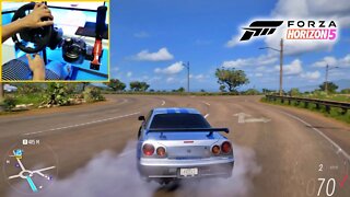 FORZA HORIZON 5 GAMEPLAY - NISSAN SKYLINE GT-R V-SPEC Steering Wheel + Shifter Gameplay 4k