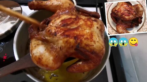 He cooks marinated whole chicken for the first time and it's delicious 😋
