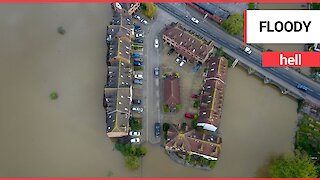 Aerial footage show large scale flooding in Tewkesbury and Worcester following weekend of rain