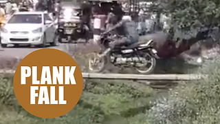 Motorbiker tries to drive across a plank footbridge only meant for people