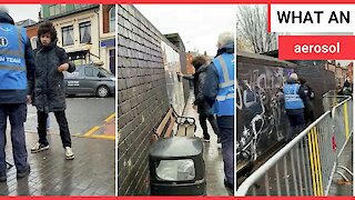 Footage shows rival graffiti artist vandilise Banksy