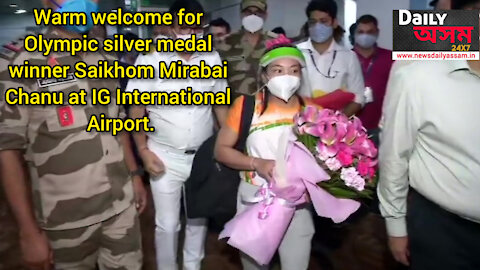Warm welcome for Olympic silver medal winner Saikhom Mirabai Chanu at IG International Airport.