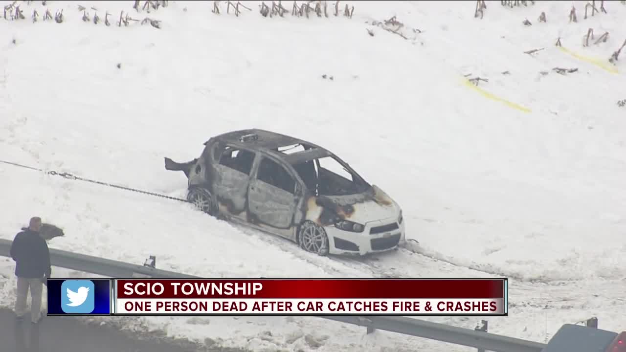 1 dead after car catches fire and crashes in Scio Township