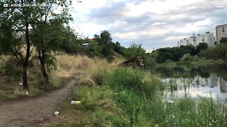 Ciclista radical em chamas salta em lago