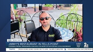 Jimmy's Restaurant in Fells Point says "We're Open Baltimore!"