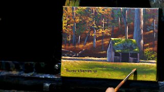 Mini Acrylic Landscape Painting of an Old Sheep Shed - Time Lapse - Artist Timothy Stanford