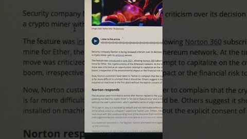 Users Hate Norton Antivirus Crypto Mining Feature #Shorts