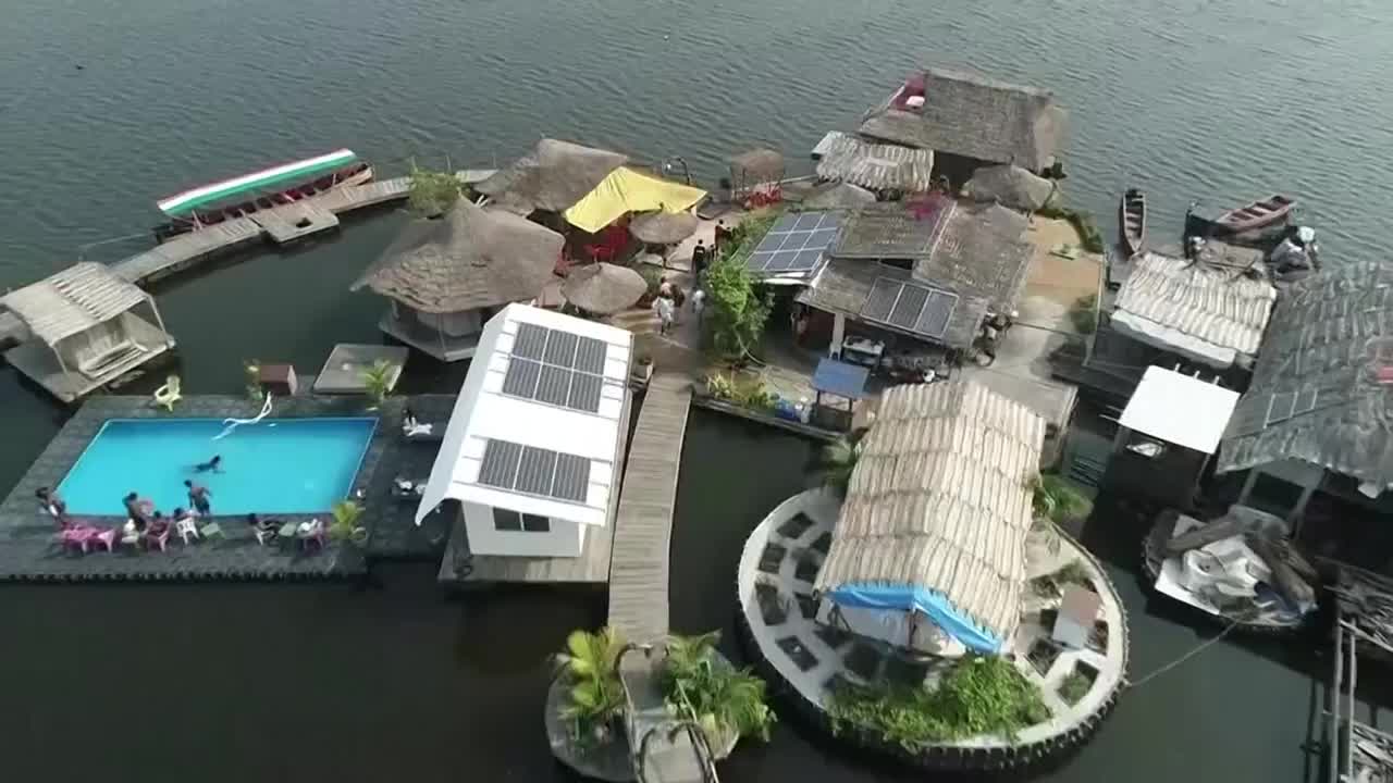 Floating island made from plastic waste in Africa