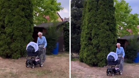 95-year-old grandpa pushes baby in stroller so mom can enjoy her meal