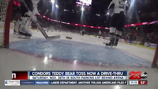 Condors Teddy Bear Toss taking place in drive-thru setting