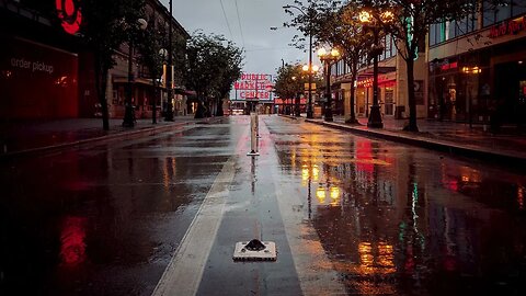 Evening rain over Pike Street in Seattle, Washington