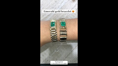 Yellow Gold Emerald cut natural Colombian emerald link gold bracelet in 14K