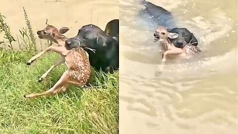 The dog saves the drowning deer