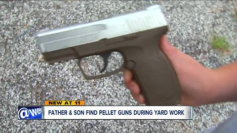 A father and son lawn service team has found several air soft guns in large bushes while working