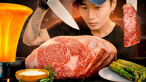 ASMR JAPANESE A5 WAGYU & NUCLEAR FIRE STRETCHY CHEESE + ASPARAGUS MUKBANG COOKING & EATING SOUND