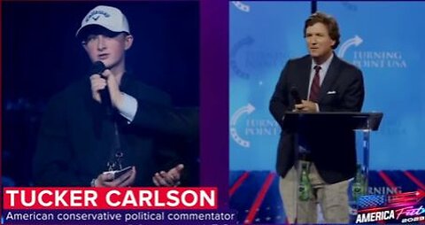 A student at AmericaFest 2023 asks Tucker Carlson if he would support a theocracy.