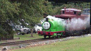 Percy The Green Engine Pulling A Caboose Train At The NC Transportation Museum