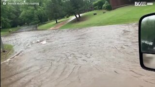 Deux jeunes profitent d'une tempête pour faire du canoë