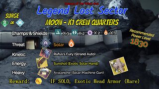 Destiny 2 Legend Lost Sector: Moon - K1 Crew Quarters on my Arc Warlock 9-7-23