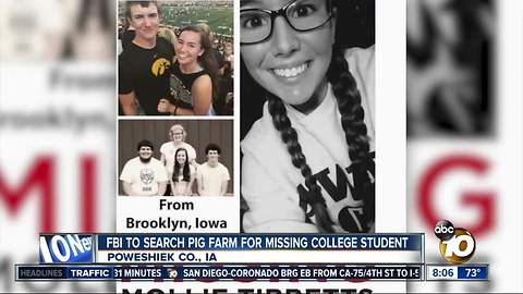 FBI to search pig farm for missing college student Poweshiek CO., IA