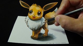 Drawing a 3D Eevee, from Pokémon GO, Trick Art