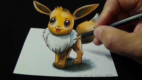 Drawing a 3D Eevee, from Pokémon GO, Trick Art