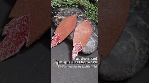 Natural Leather Feather Earrings with red sparkles #genuineleather #handmade