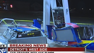 Car crashes into gas pumps in Detroit