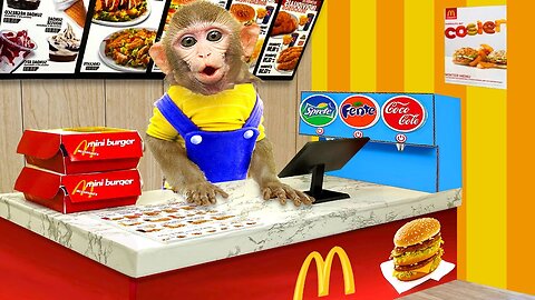 Baby Monkey KiKi goes to buy fast food at supermarket and eat yummy with puppy |