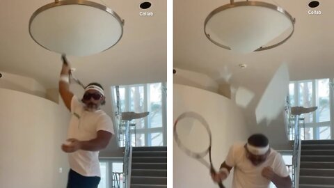 Man Smashes Chandelier While Practicing Tennis Swing