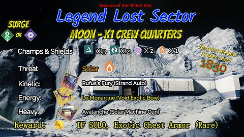 Destiny 2 Legend Lost Sector: Moon - K1 Crew Quarters on my Arc Titan 11-1-23