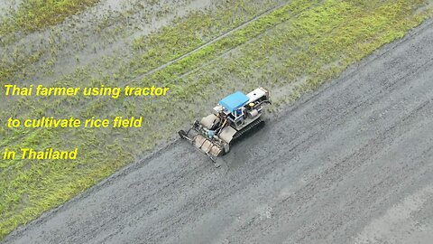 Thai farmer using tractor to cultivate rice field in Thailand