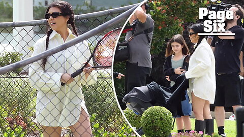 Kourtney Kardashian goes pantsless while playing tennis during Australia trip with kids