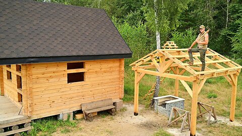 Building a Timber Frame Outdoor Forest Kitchen, Addition to my LOG CABIN, Fishing | Off Grid Living