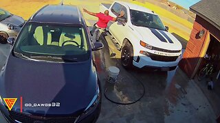Man Slips and Falls While Washing Car | Doorbell Camera Video