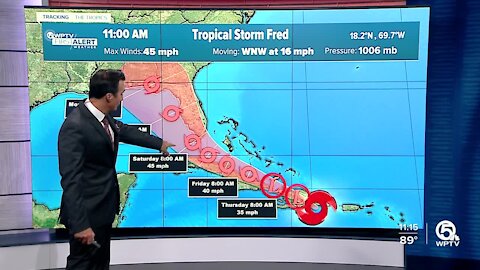 Tropical Storm Fred nears Dominican Republic; path remains toward Florida