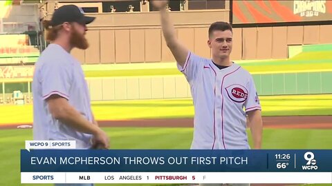 Evan McPherson throws out first pitch at Reds game
