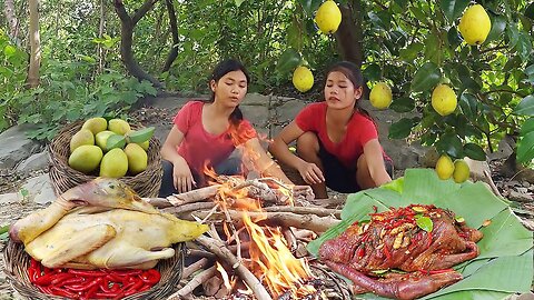 Yummy! Geese spicy grilled in pan and Natural fruit for food in jungle - Survival cooking in forest