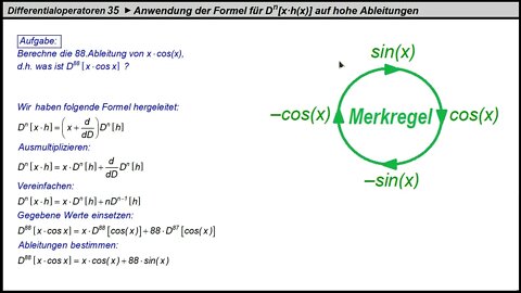 Differentialoperatoren 35 ► Neben-Anwendung der Formel für Dⁿ [x·h(x)] ► 88.Ableitung von x·sin(x)