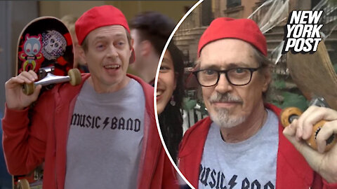 Steve Buscemi, dressed as his own meme, hands out candy in Park Slope