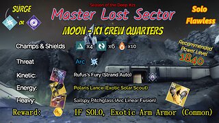 Destiny 2 Master Lost Sector: Moon - K1 Crew Quarters on my Arc Hunter Solo-Flawless 6-26-23