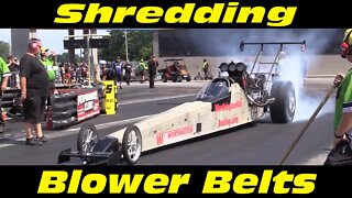 Top Alcohol Dragster Shreds It's Blower Belt Twice