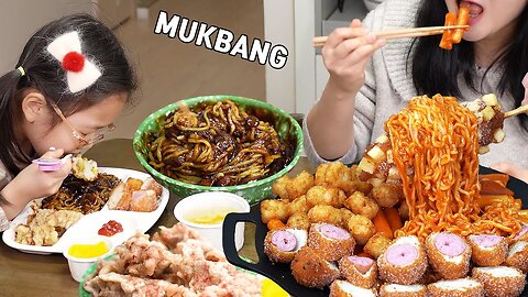 MUKBANG :) korean style corndog | tteokbokki | black bean noodles | sweet and sour pork.