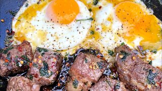 Steak tips and eggs