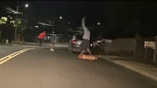 Skater loses control at high speed and crashes into car