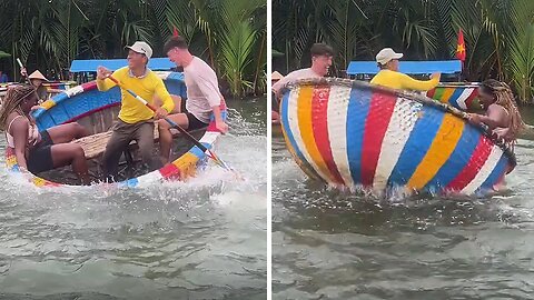 Hungover tourist have the craziest coconut basket boat ride