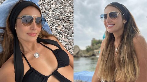 CANAL 1 NA TELA PATRICIA POETA POSA COM MAIÔ VAZADO CHEIO DE ESTILO EM PRAIA NA ITÁLIA