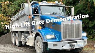 High lift gate demonstration w/ concrete, Kenworth dump truck walk around. (Female truck driver)