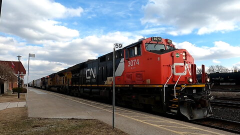 CN 3074 UP 9060 & CN 3800 Engines Manifest Train Westbound In Ontario