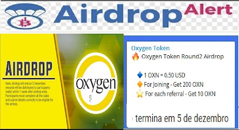 【Airdrop Oxygen】Ganhe 300 Token OXT ($150) | Por Ref. 15 Token OXN | Dist. 5/Dez | #RendaExtra